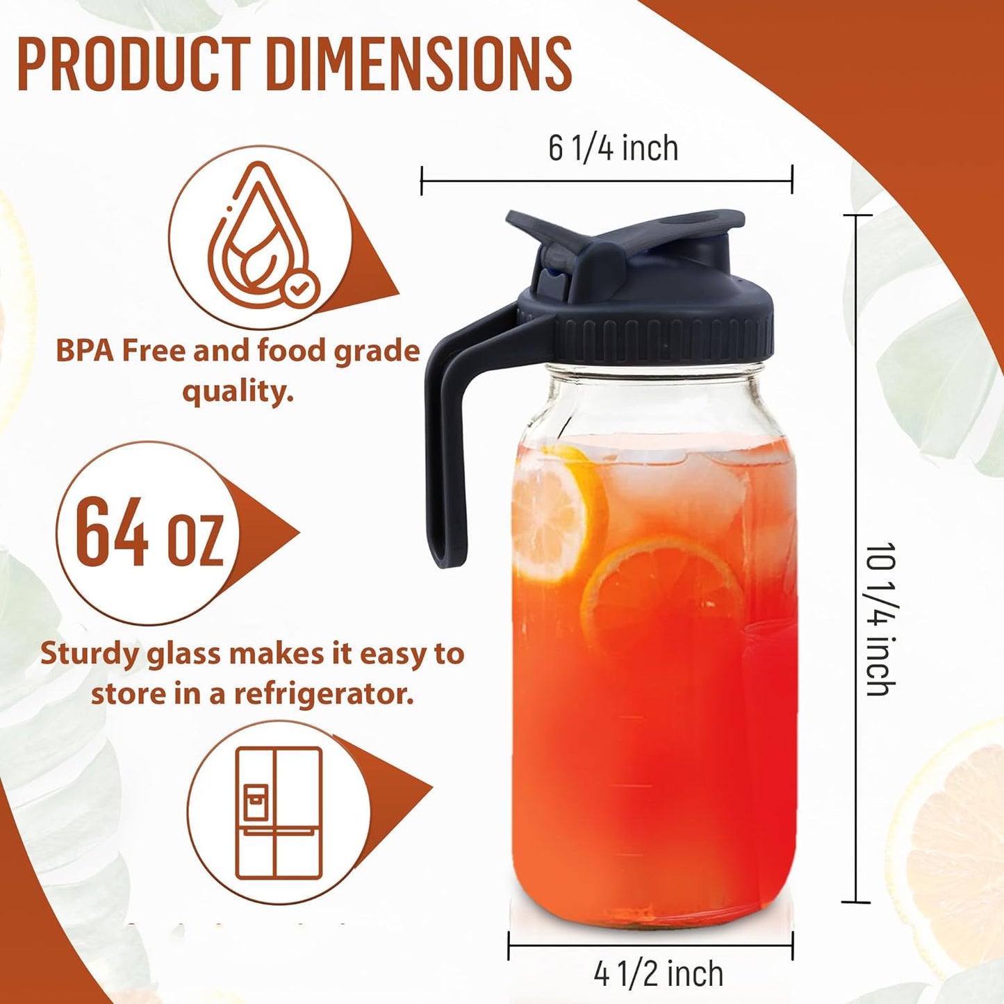 Glass Mason Jar Pitcher with Lid (64oz)