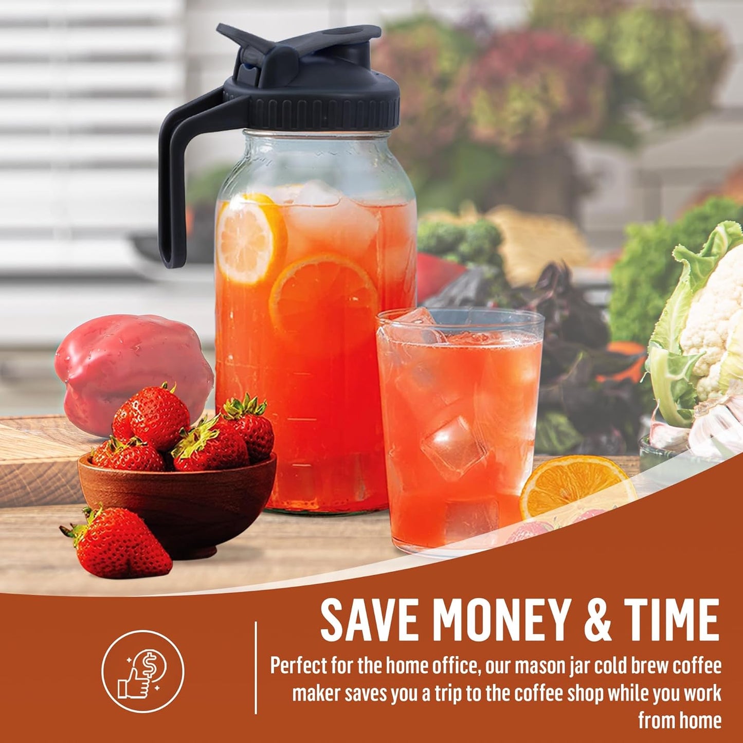 Glass Mason Jar Pitcher with Lid (64oz)