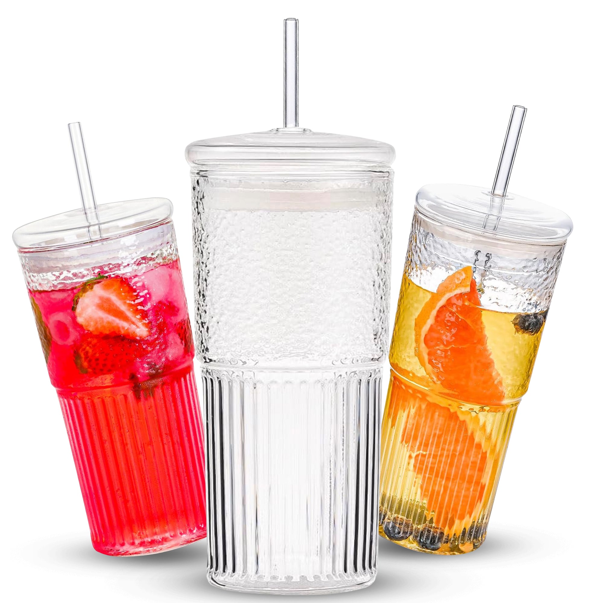 Glass Cup with Lid and Straw, Mason Jar Drinking Iced Coffee Cup, Tumbler cups for Smoothie and soft drinks, wide mouth reusable drinking cup 22 oz, Clear