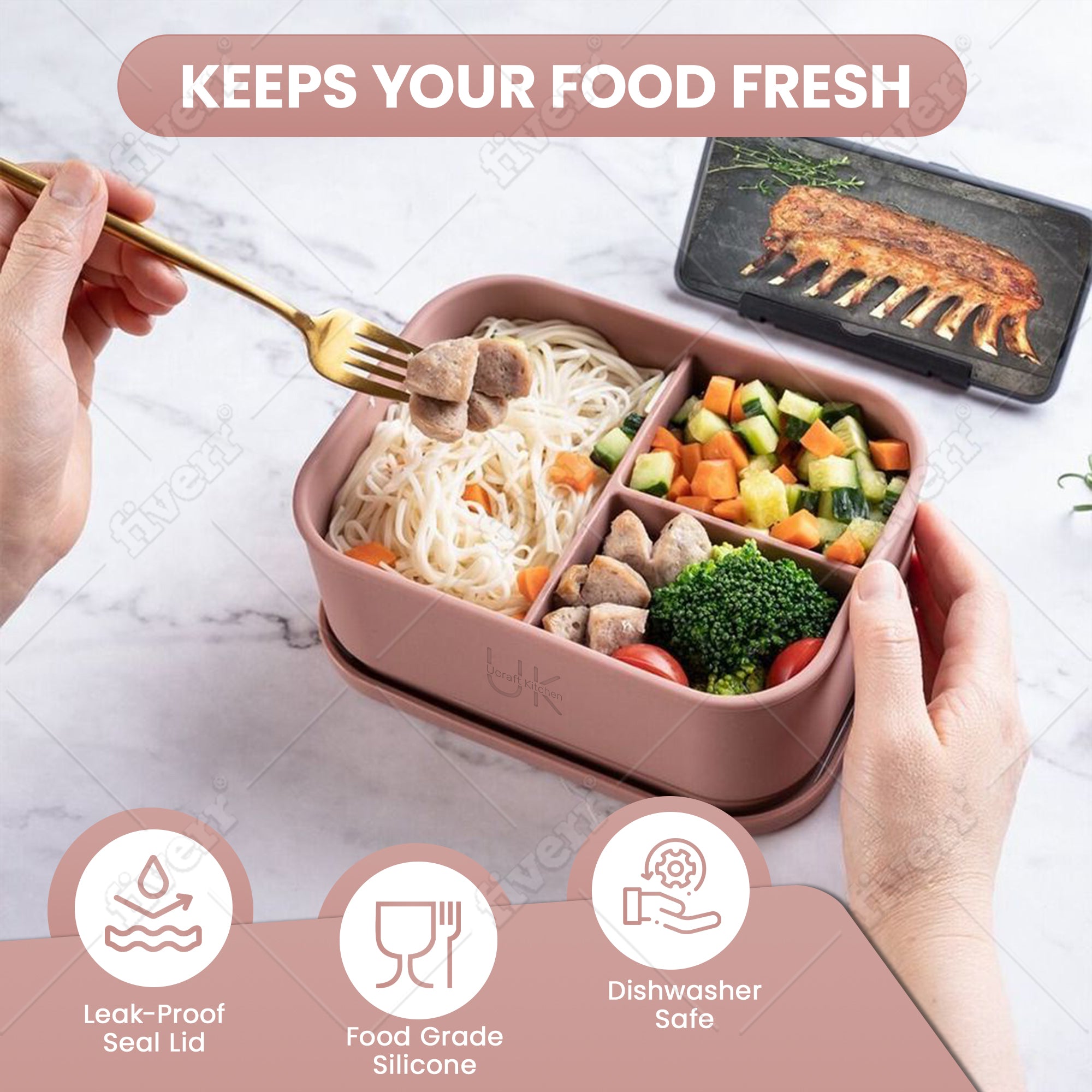 Silicone Bento Lunch Box, leakproof Lunchbox, reusable oven safe three Compartments for take away food, workout and gym meal prep, kids lunchbox - Collapsible, and Dishwasher Safe