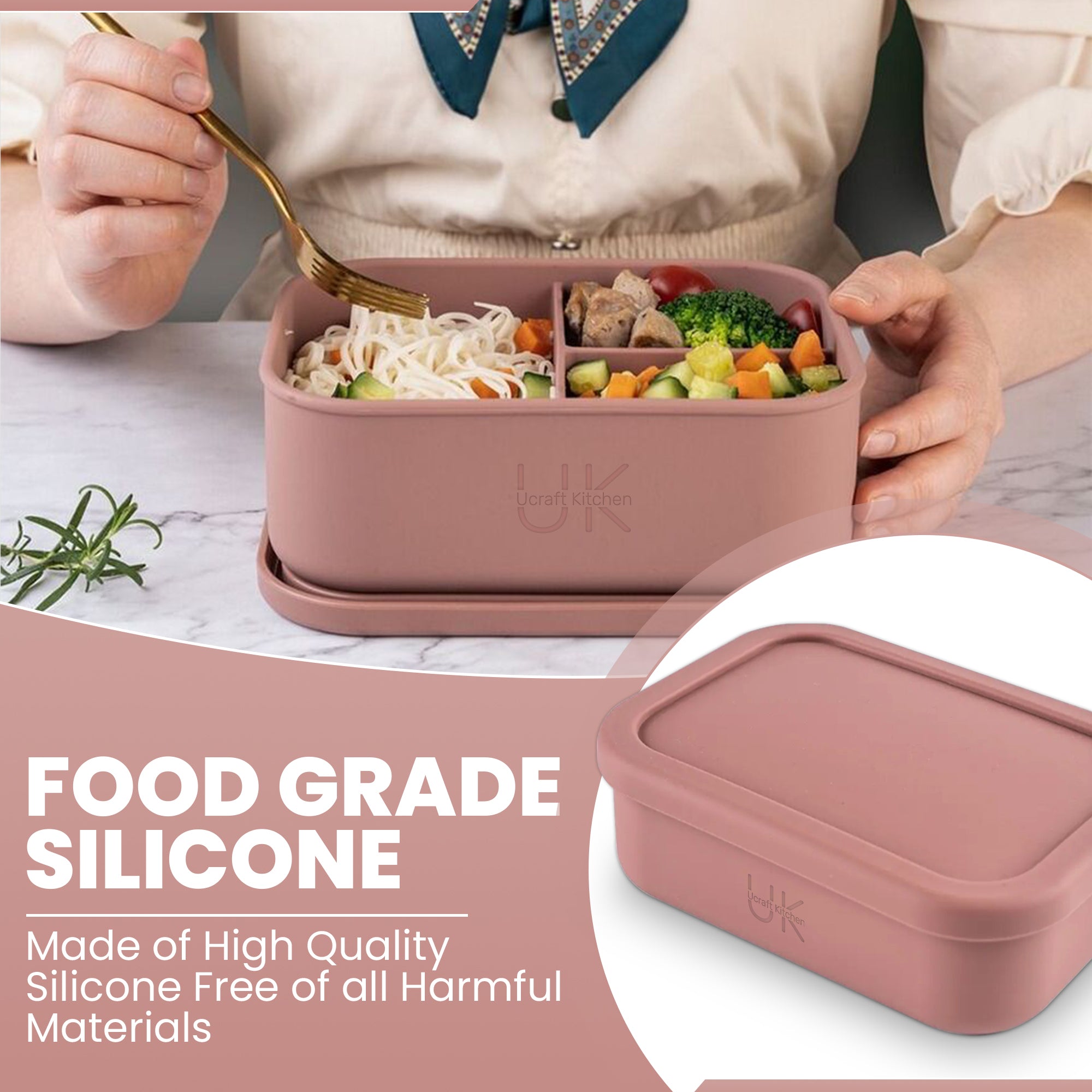 Silicone Bento Lunch Box, leakproof Lunchbox, reusable oven safe three Compartments for take away food, workout and gym meal prep, kids lunchbox - Collapsible, and Dishwasher Safe