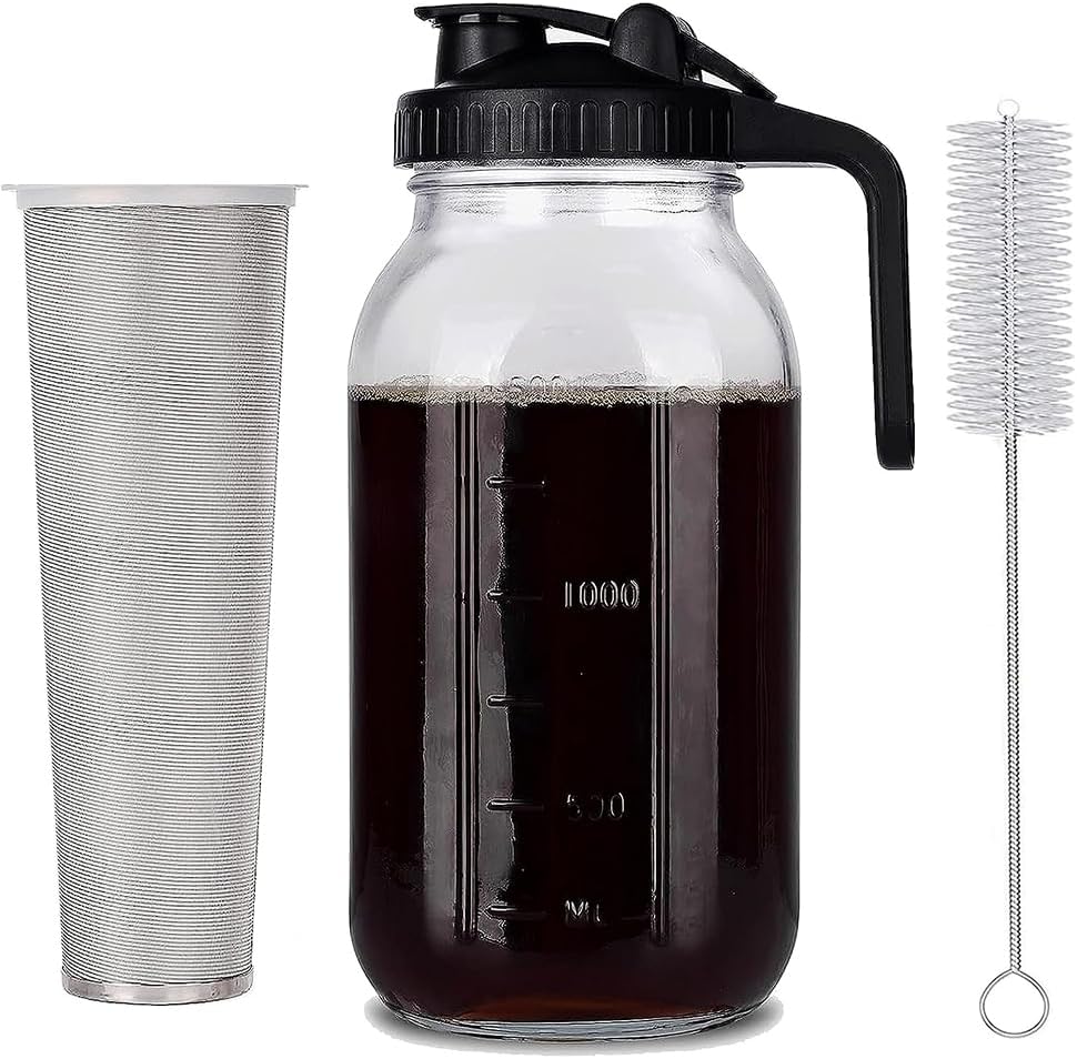 Ucraft Kitchen Glass Cold Brew Coffee Maker with Stainless Steel filter and brush – 64 oz (2 Quart)