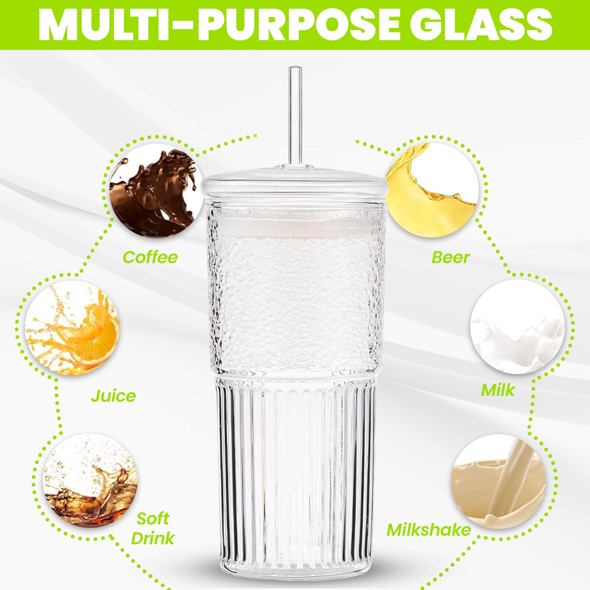 Glass Cup with Lid and Straw, Mason Jar Drinking Iced Coffee Cup, Tumbler cups for Smoothie and soft drinks, wide mouth reusable drinking cup 22 oz, Clear