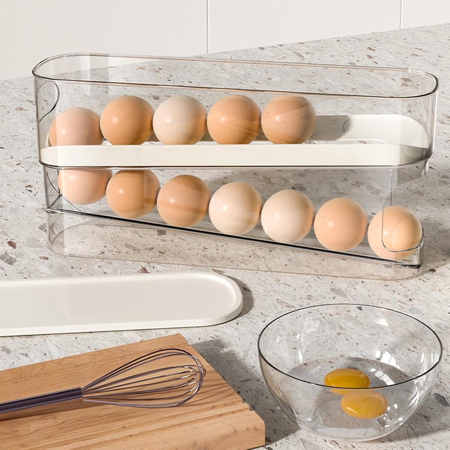 Space-Saving Rolling Egg Dispenser Rack – Stackable Refrigerator Storage Box for Fresh Egg Organization