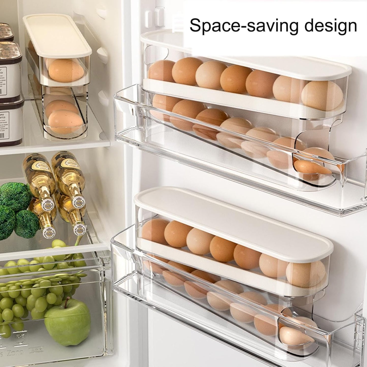 Space-Saving Rolling Egg Dispenser Rack – Stackable Refrigerator Storage Box for Fresh Egg Organization