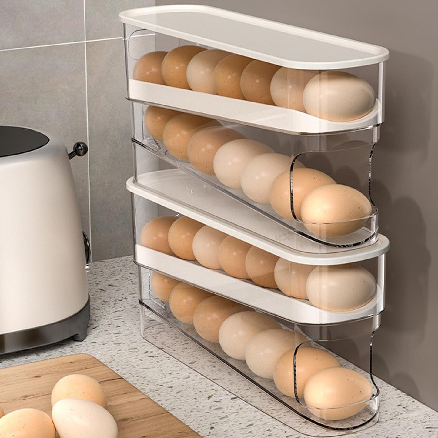 Space-Saving Rolling Egg Dispenser Rack – Stackable Refrigerator Storage Box for Fresh Egg Organization