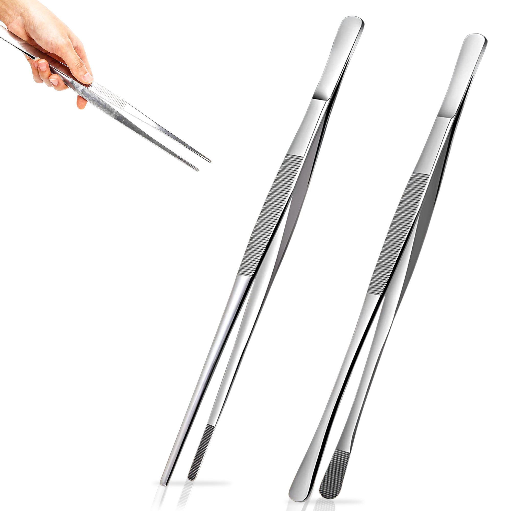 Kitchen Tweezers (x2) – Stainless Steel – 12 Inches Long – Non-Slip – For Cooking, Plating, Serving and Decorating by Ucraft Kitchen. (Thin and thick tip)